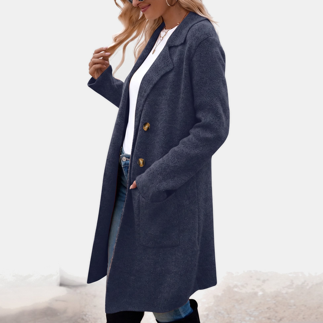 Wintermantel Damen elegant mit Reverskragen und Taschen in Marineblau