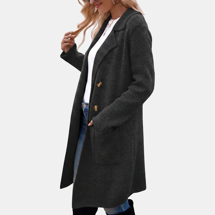 Wintermantel Damen elegant mit Reverskragen und Taschen in Schwarz