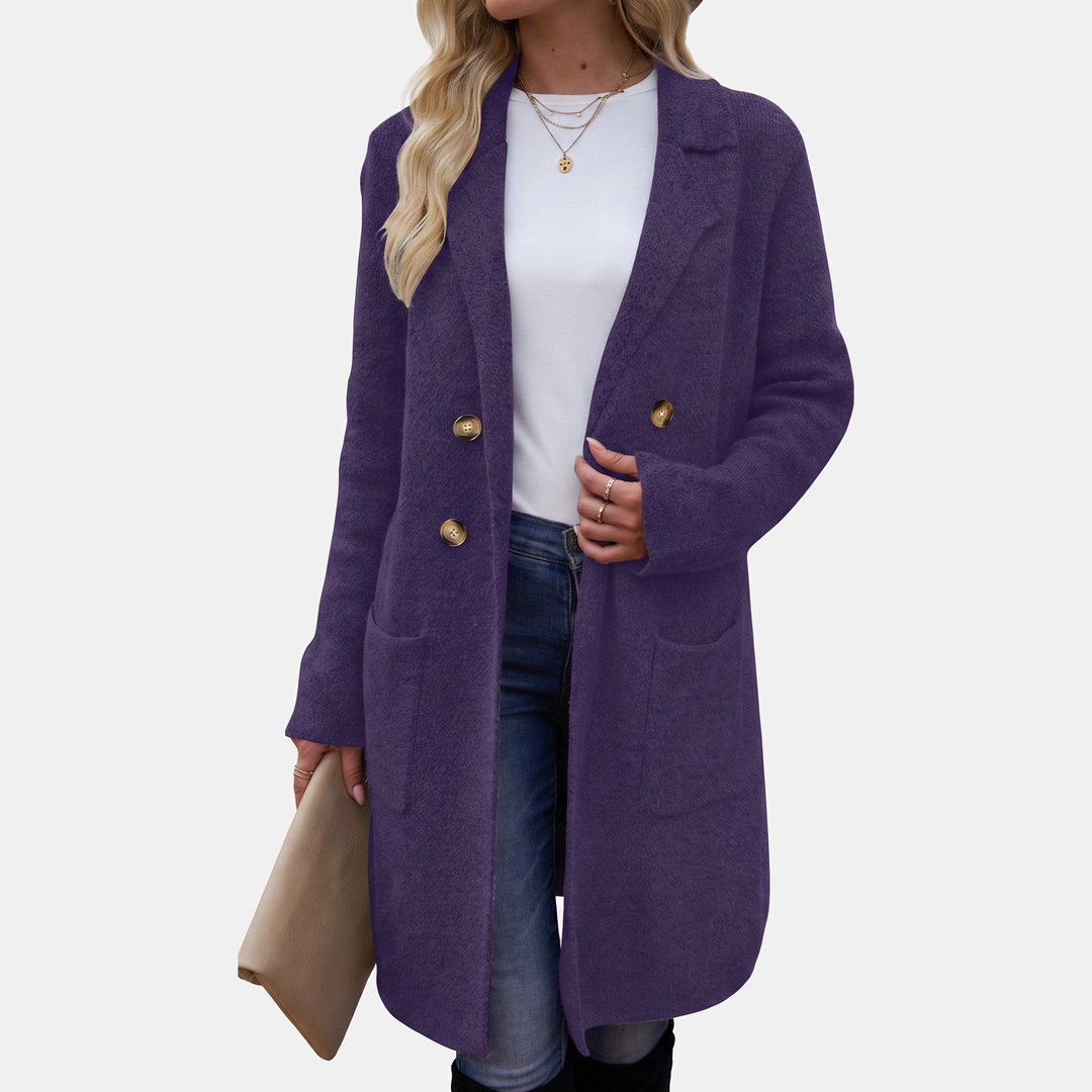 Wintermantel Damen elegant mit Reverskragen und Taschen in Violett