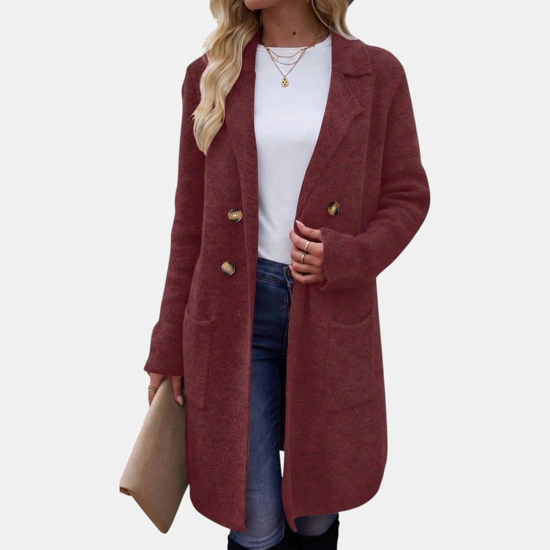 Wintermantel Damen elegant mit Reverskragen und Taschen in Weinrot