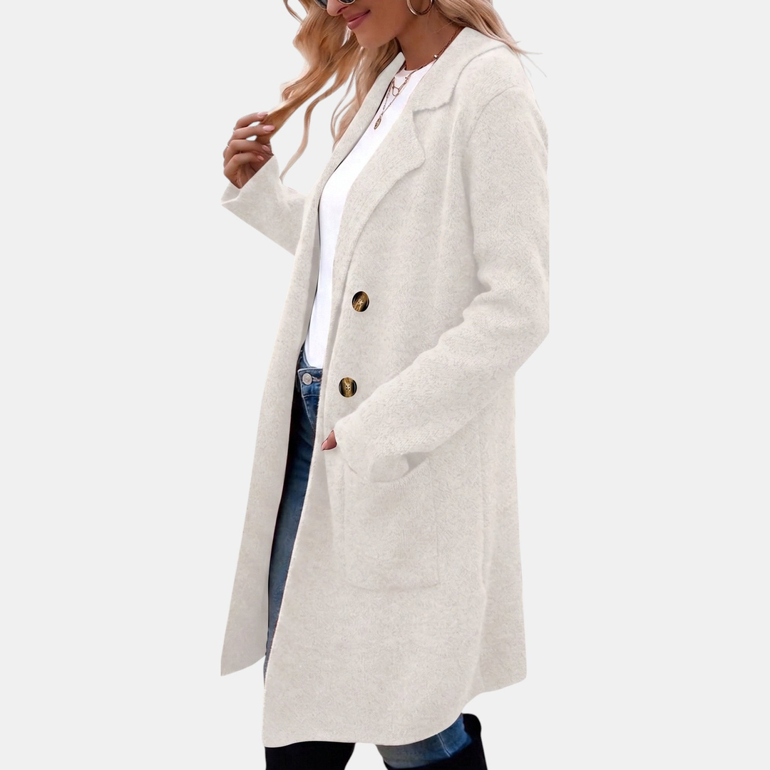 Wintermantel Damen elegant mit Reverskragen und Taschen in Weiß