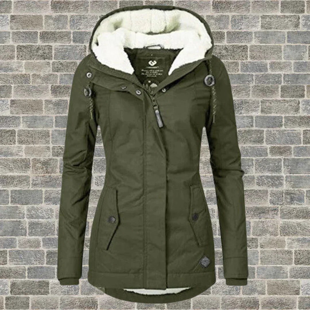 Wintermantel Damen mit Kapuze für Herbst in Army grün