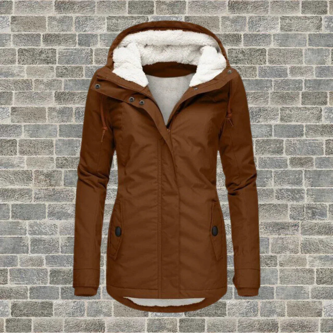 Wintermantel Damen mit Kapuze für Herbst in Brun