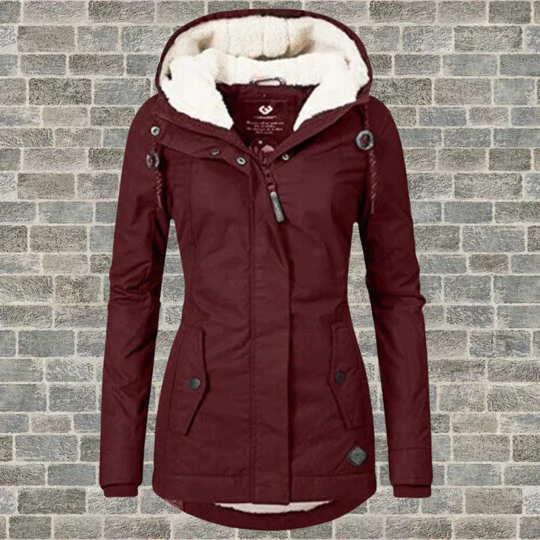 Wintermantel Damen mit Kapuze für Herbst in Weinrot
